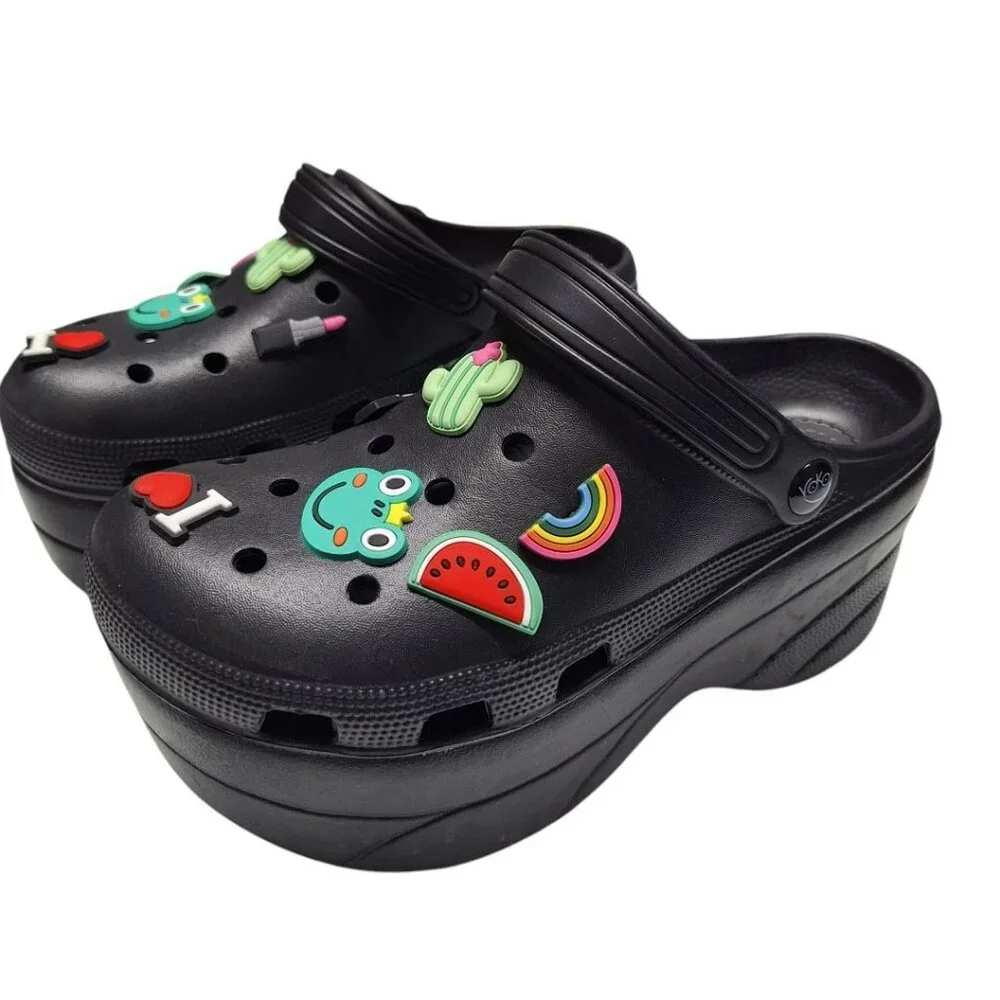 Voko Platform Rubber Clog Charms Embelished Black Basic Womens Size 38 Strap - Picture 11 of 11